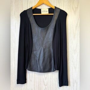 ILLIA 8 Black Long Sleeve Leather Pieced Stretch Modal V Neck Top Ribbed EUC